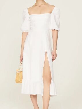 Reformation White Linen Square-Neck Puff-Sleeve Midi Dress with Thigh Slit